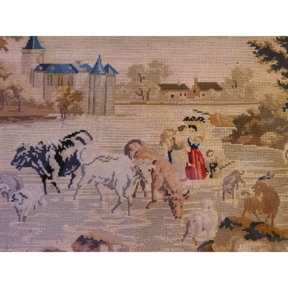 Big Antique Needlepoint Pastoral Scene Framed Picture Cows Horses Maidens Castle